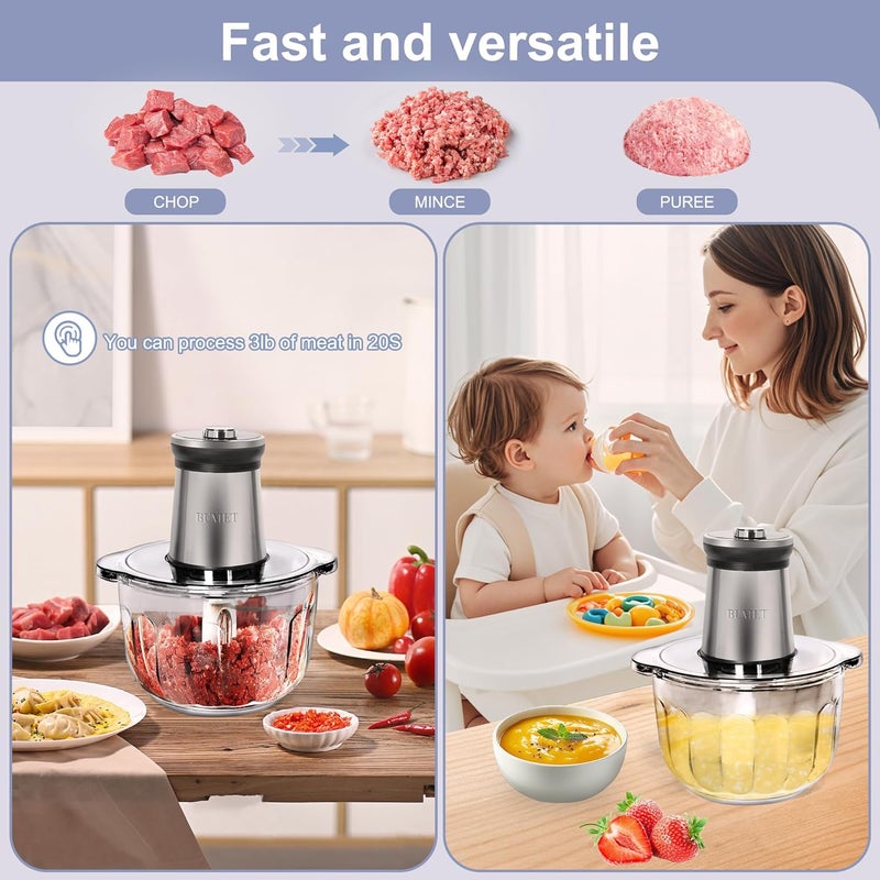 BUMET 16 cup glass bowl 850W Electric Food Processor,LED timer. 3-Tiered 6 Cutting Edges blade for mincing, chopping,Ideal as meat grinder,fresh vegetables chopper,pet food process in kitchen. - Image 5